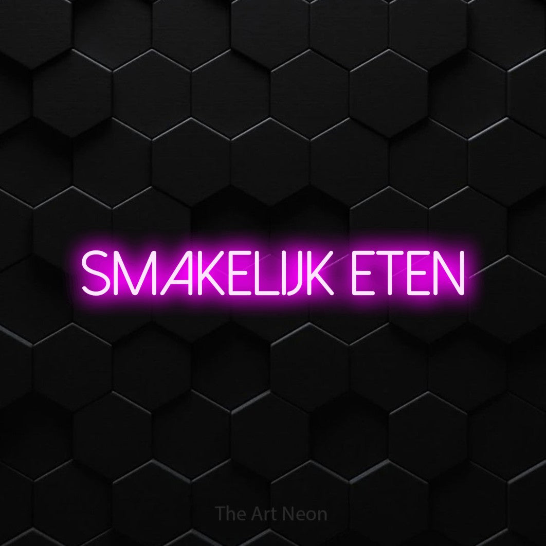 LED neon sign reading “Smakelijk Eten”, arranged in a single line.
