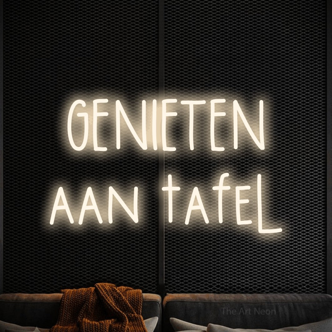 LED neon sign reading “GENIETEN aan tafel”, arranged in 2 lines.