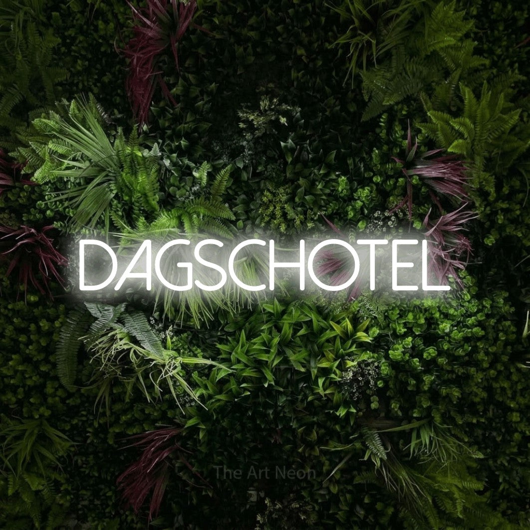 LED neon sign reading “DAGSCHOTEL”, arranged in a single line.