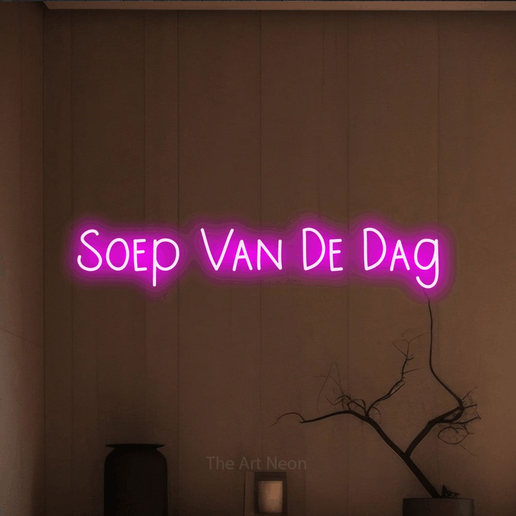 LED neon sign reading “Soep Van De Dag”, arranged in a single line.