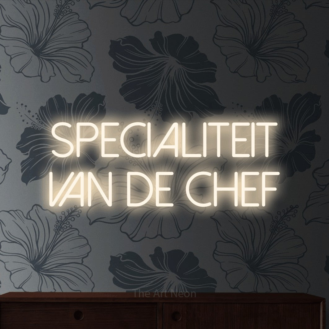 LED neon sign reading “specialiteit van de chef”, arranged in 2 lines.