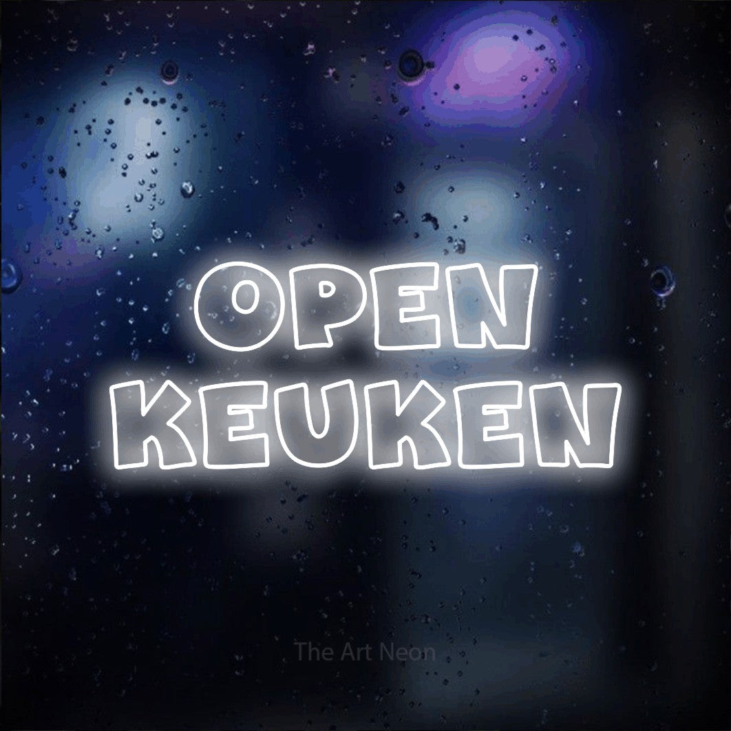 LED neon sign reading “Open Keuken”, arranged in 2 lines.