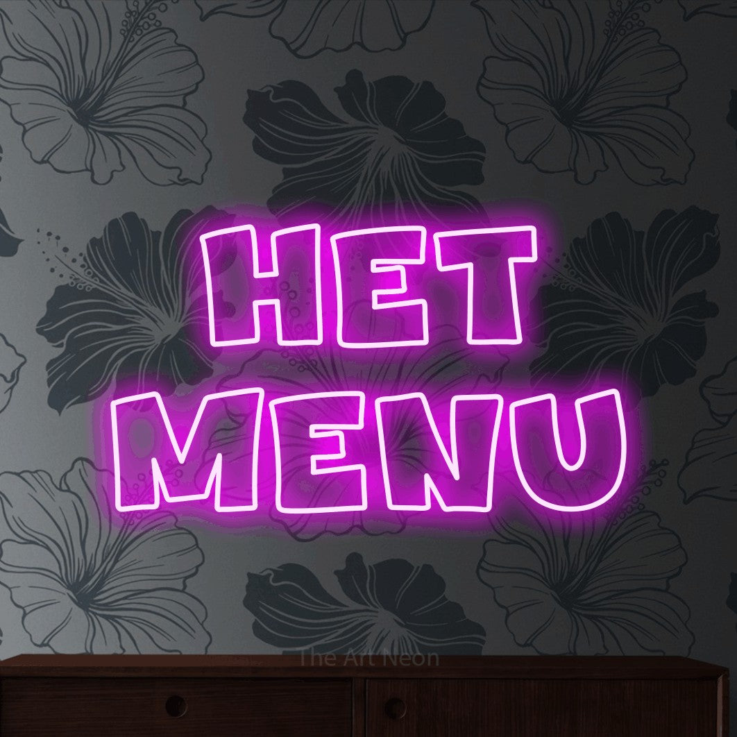 LED neon sign reading “het menu”, arranged in 2 lines.