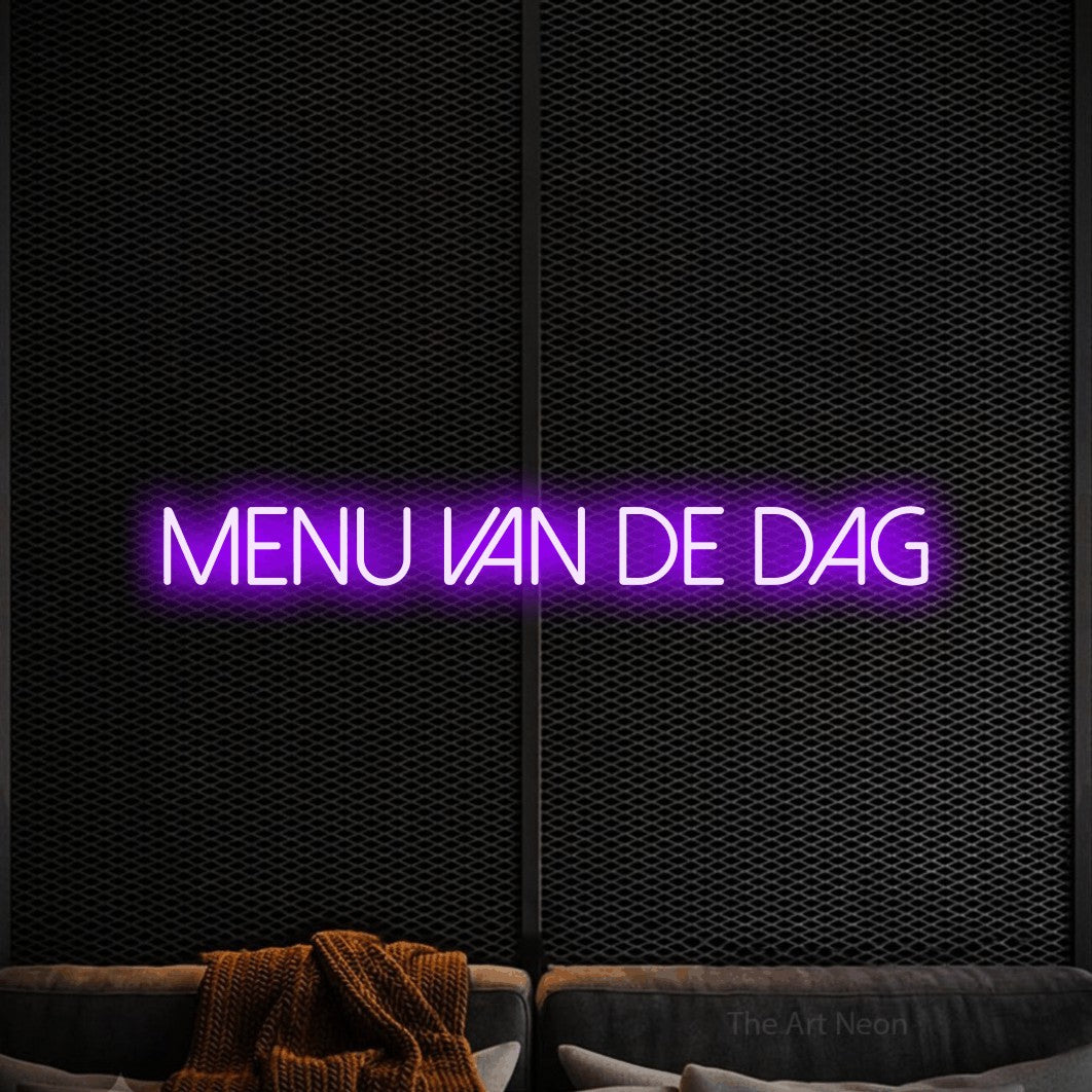 LED neon sign reading “MENU VAN DE DAG”, arranged in a single line.