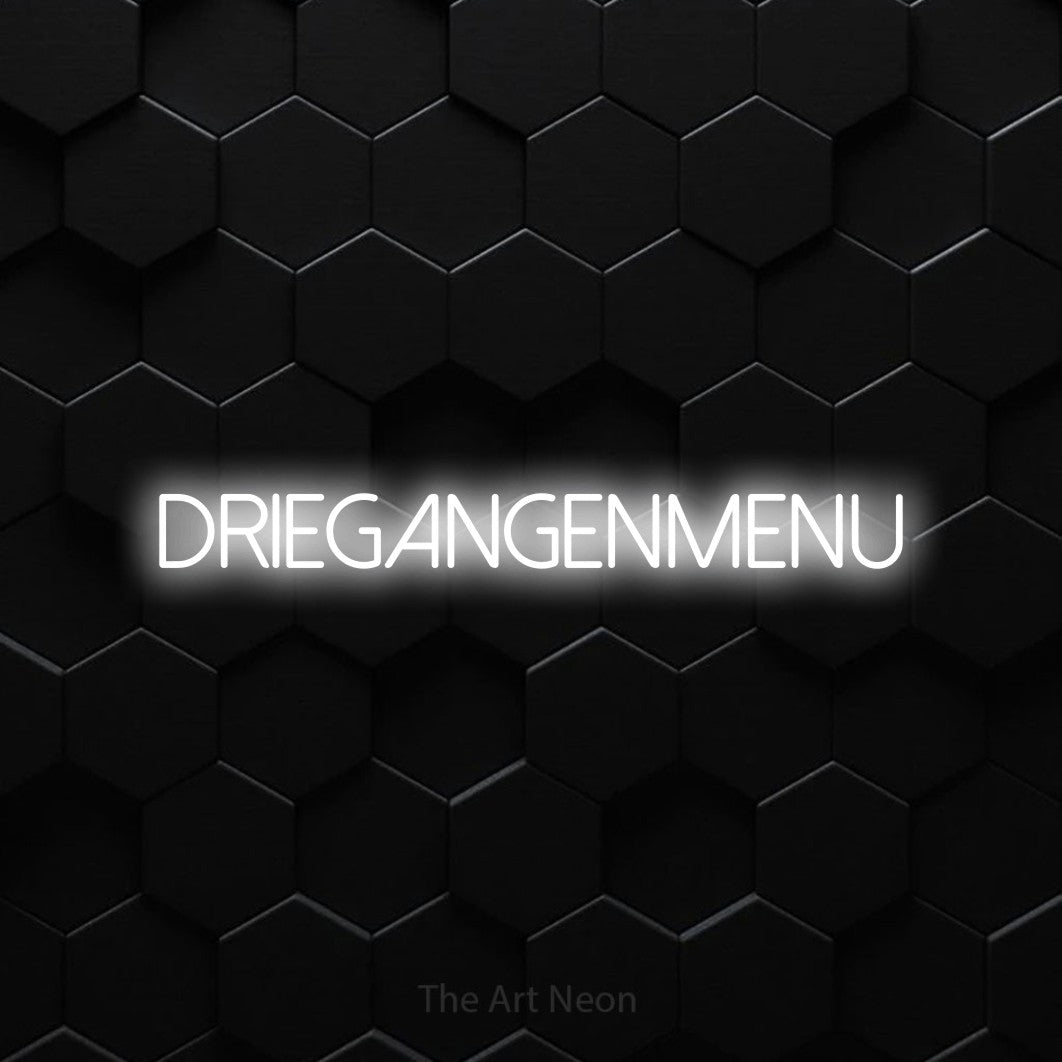 LED neon sign reading “DRIEGANGENMENU”, arranged in a single line.