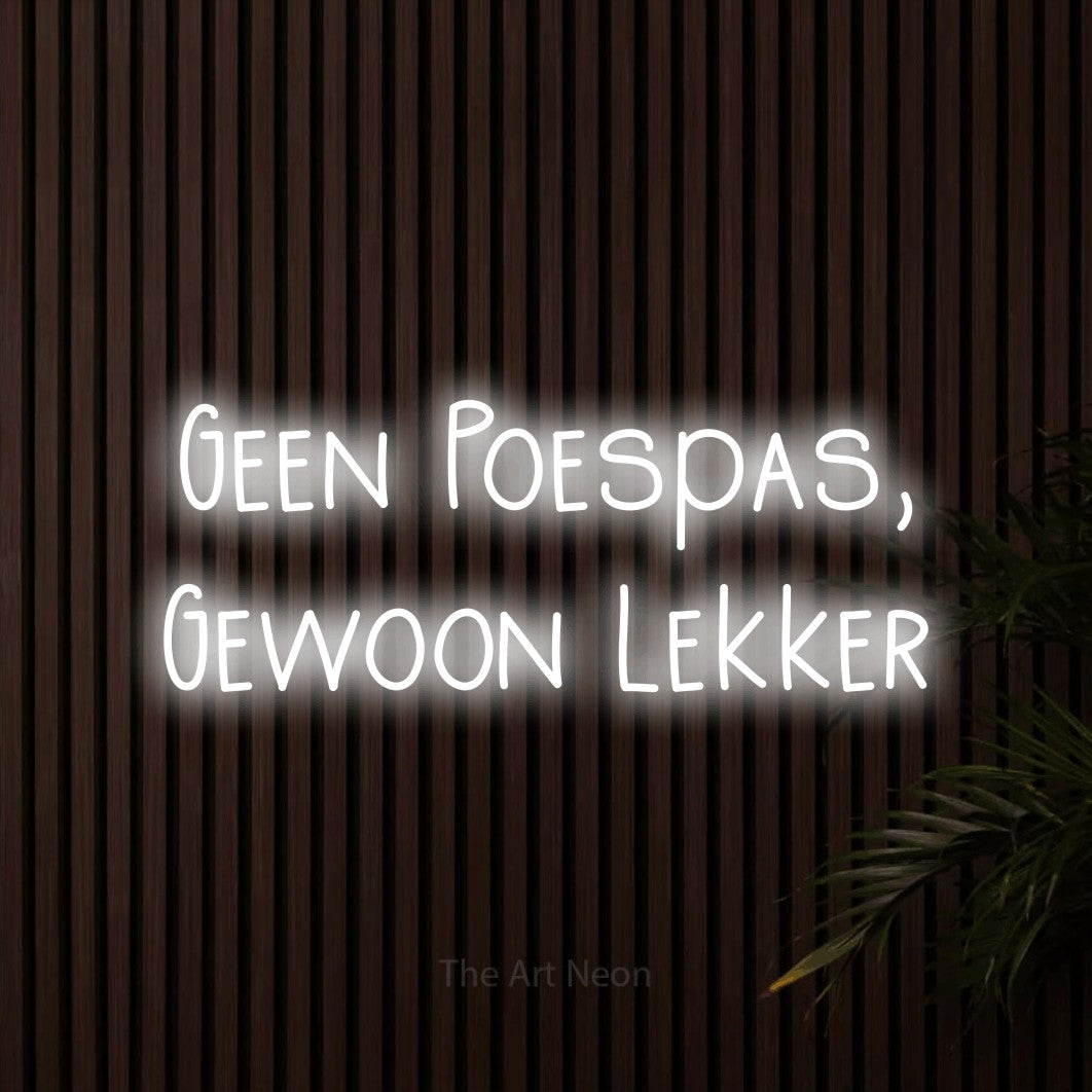 LED neon sign reading “Geen Poespas, Gewoon Lekker”, arranged in 2 lines.