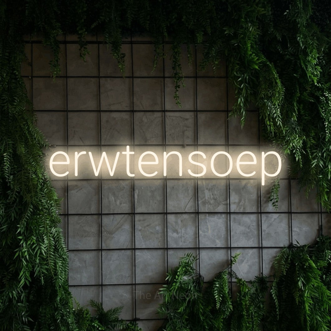 LED neon sign reading “erwtensoep”, arranged in a single line.