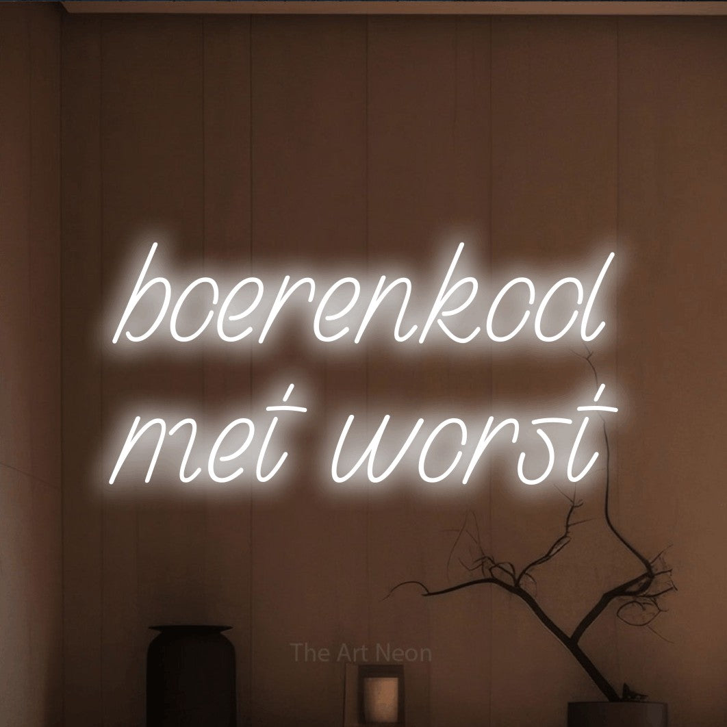 LED neon sign reading “boerenkool met worst”, arranged in 2 lines.