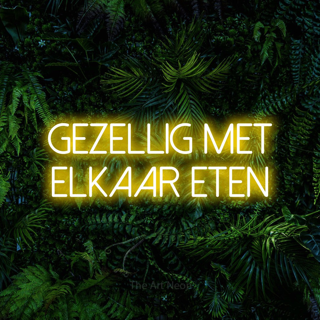 LED neon sign reading “gezellig met elkaar eten”, arranged in 2 lines.
