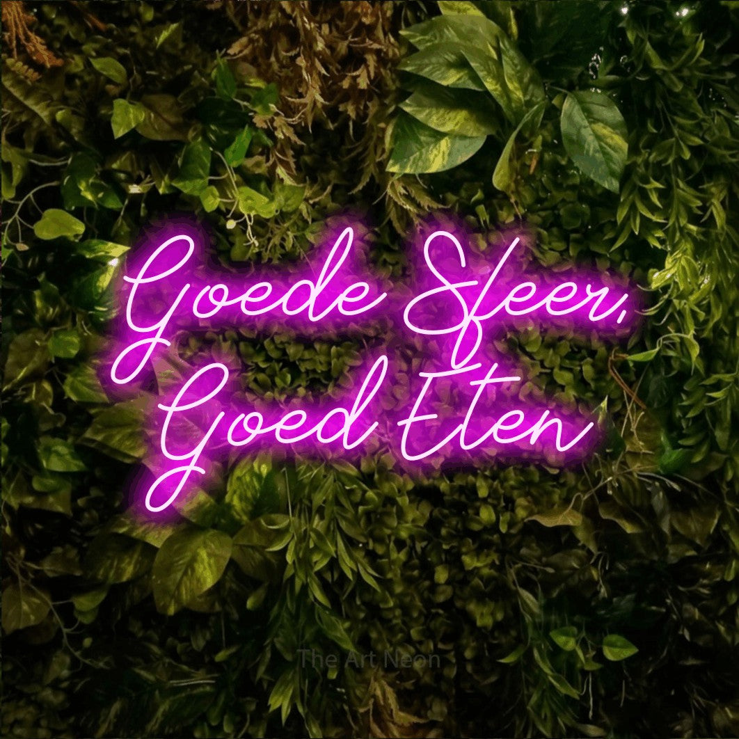 LED neon sign reading “Goede Sfeer, Goed Eten”, arranged in 2 lines.