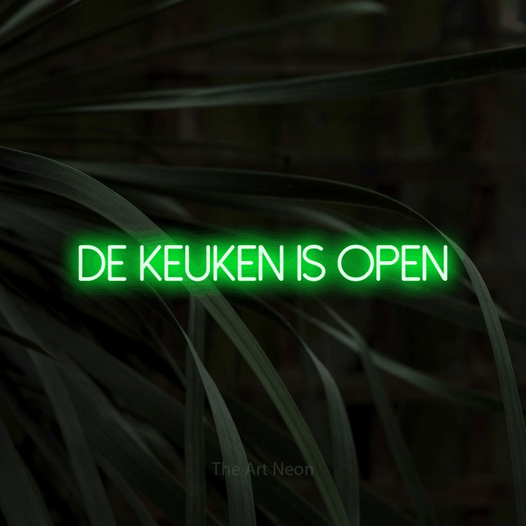 LED neon sign reading “de keuken is open”, arranged in a single line.