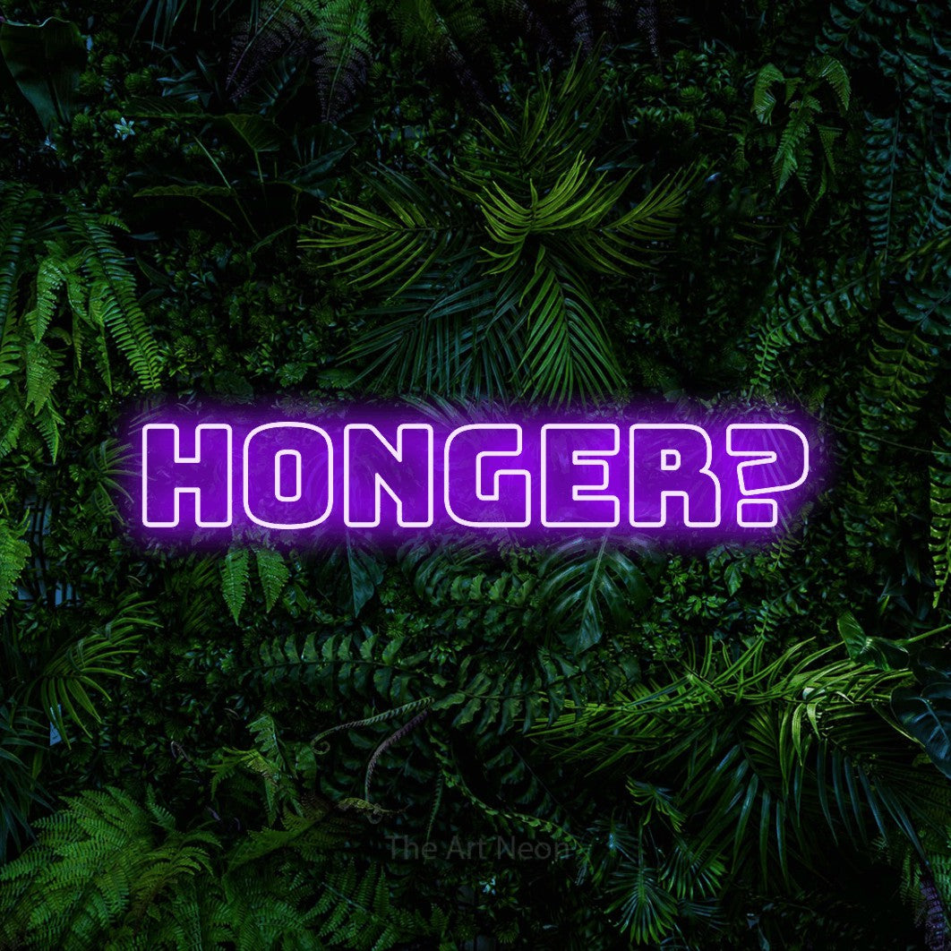 LED neon sign reading “Honger?”, arranged in a single line.