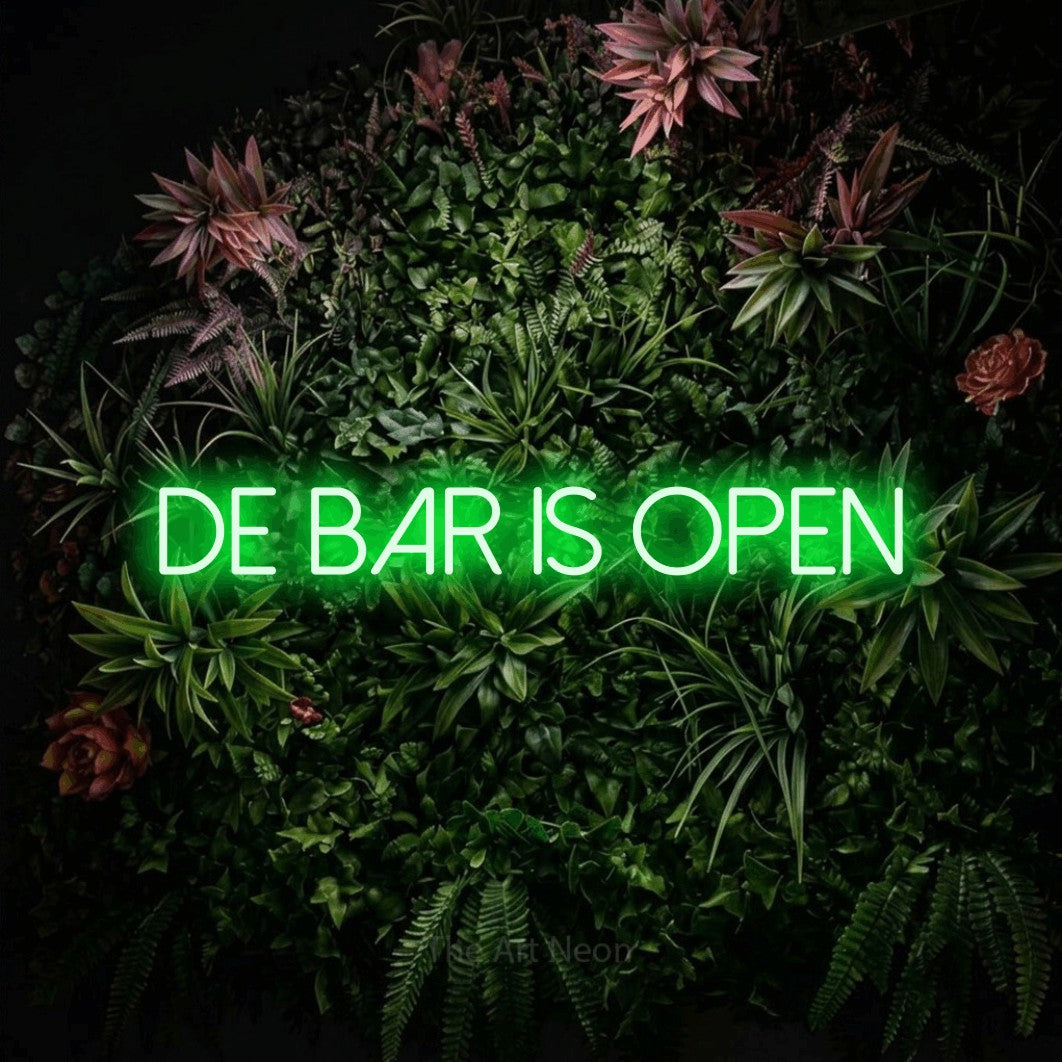 LED neon sign reading “de bar is open”, arranged in a single line.