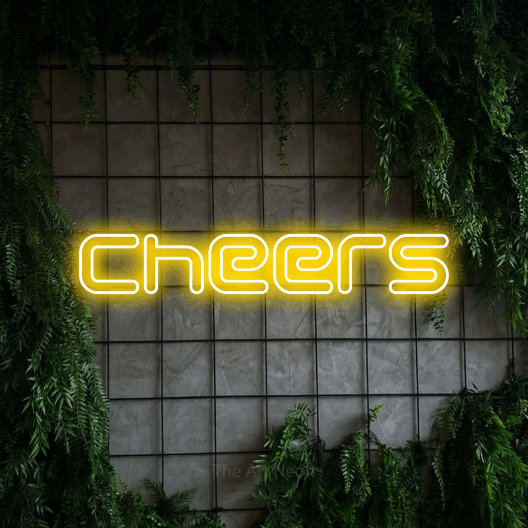 LED neon sign reading “Cheers”, arranged in a single line.