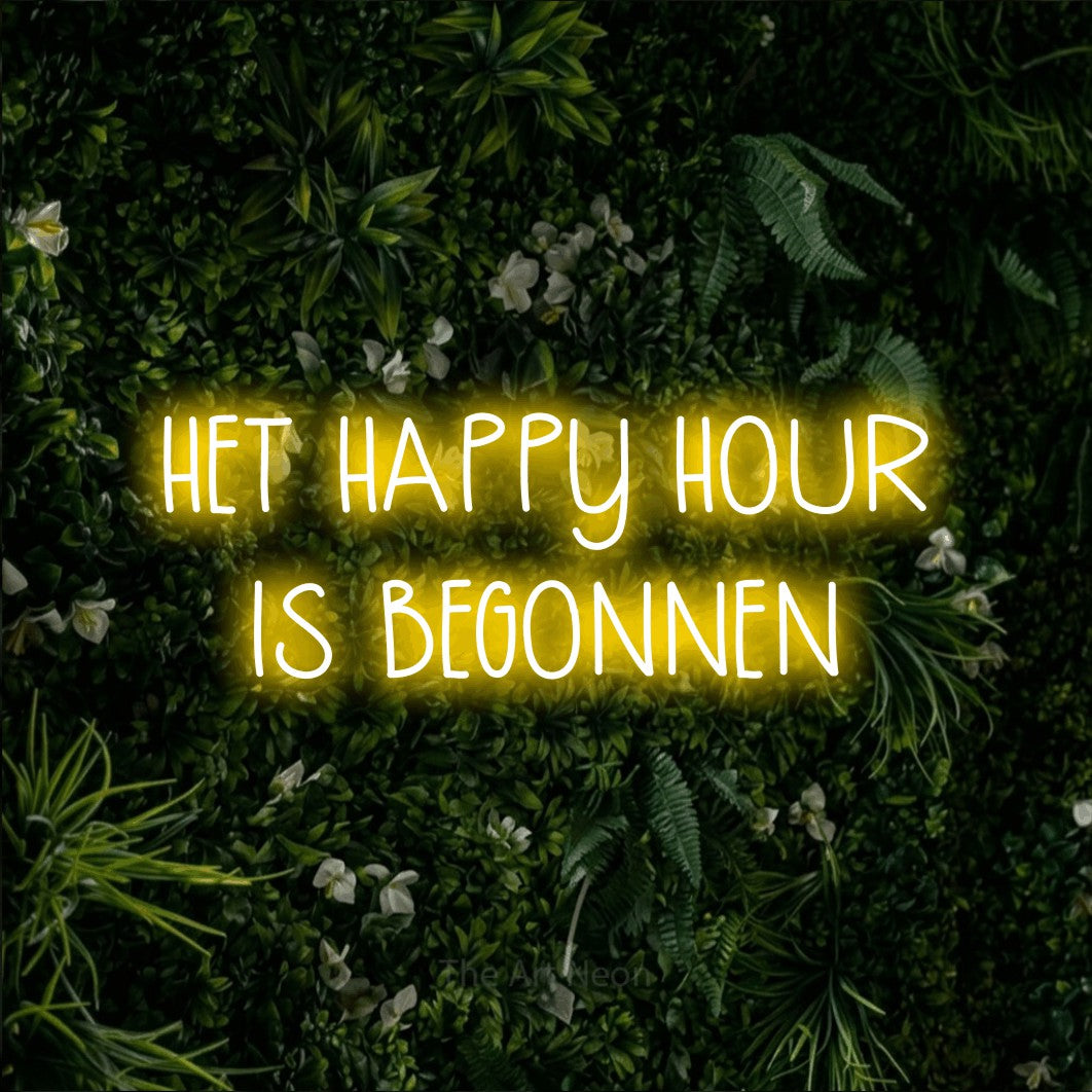 LED neon sign reading “HET HAPPY HOUR IS BEGONNEN”, arranged in 2 lines.