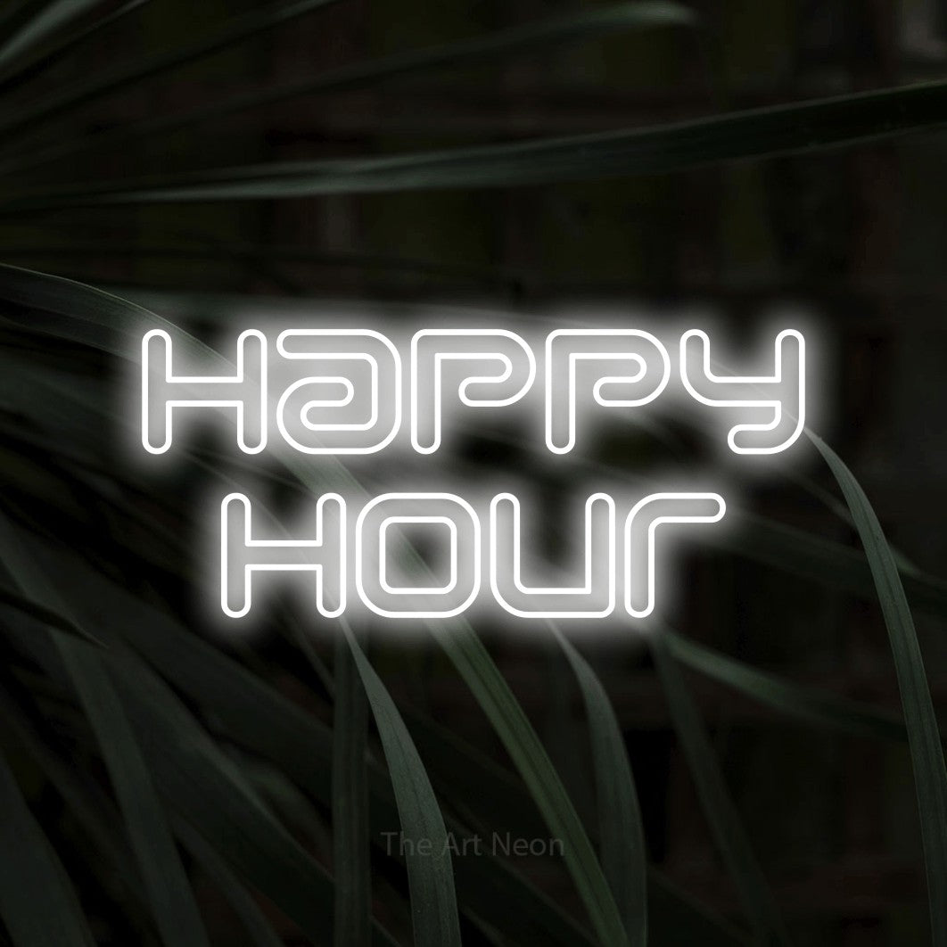 LED neon sign reading “Happy Hour”, arranged in 2 lines.