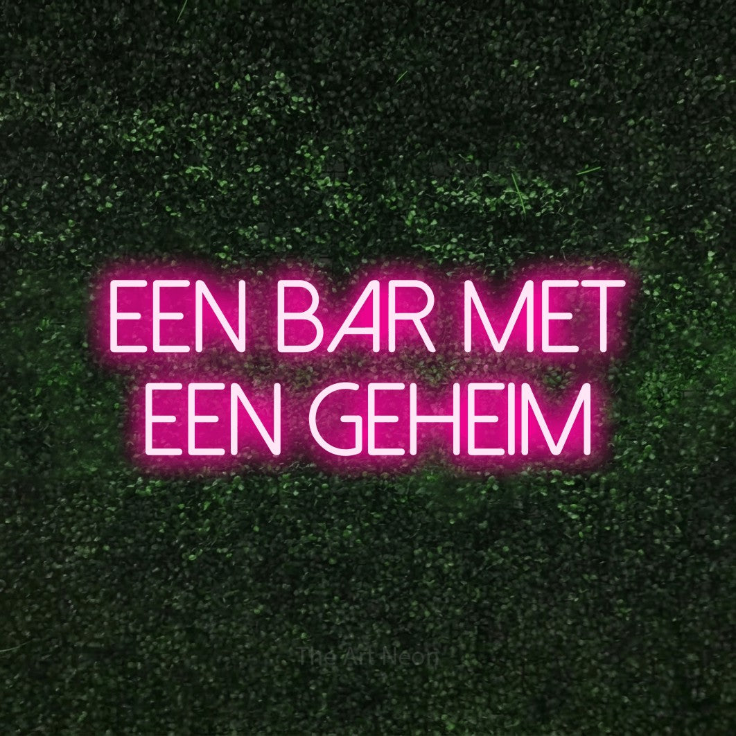 LED neon sign reading “EEN BAR MET EEN GEHEIM”, arranged in 2 lines.
