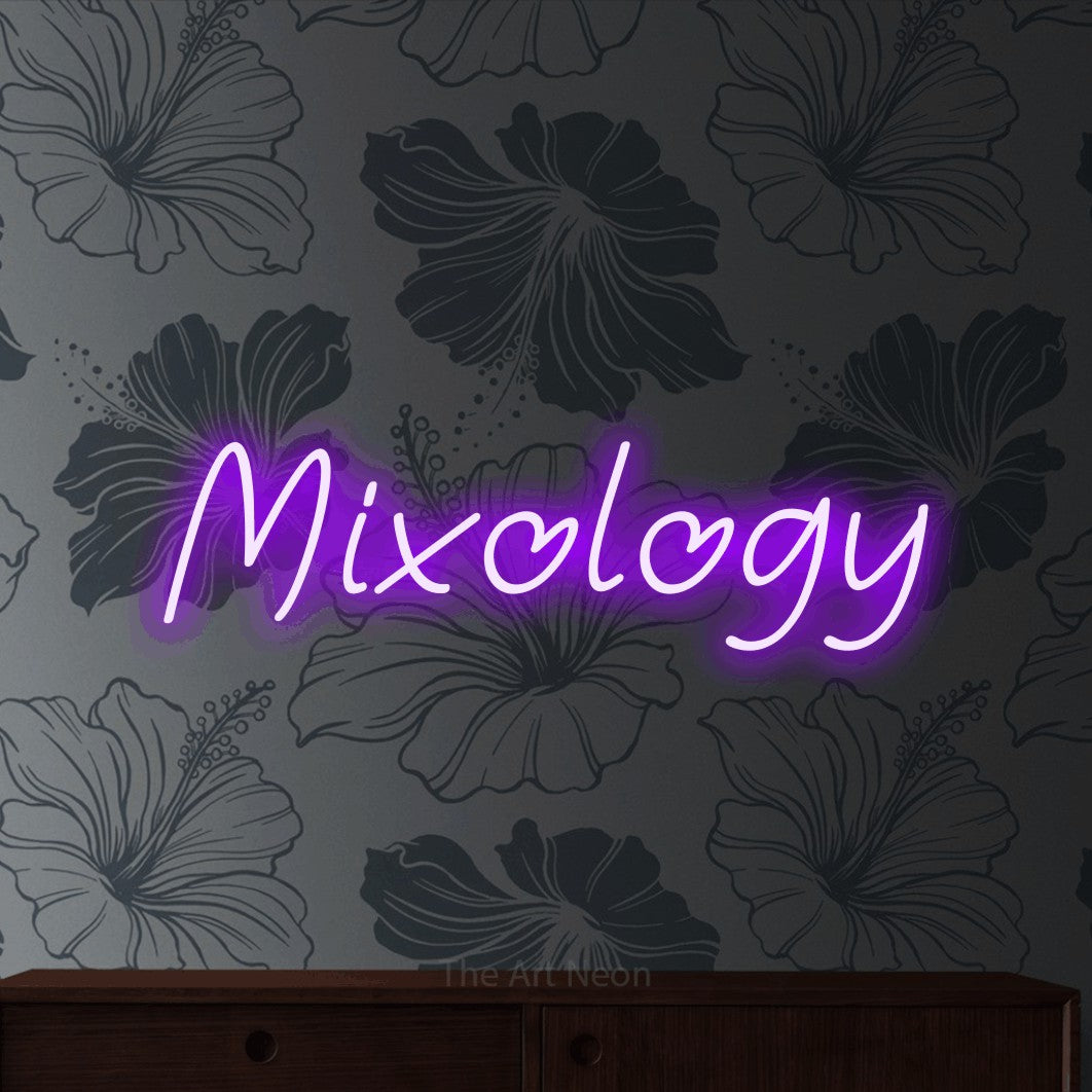 LED neon sign reading “Mixology”, arranged in a single line.