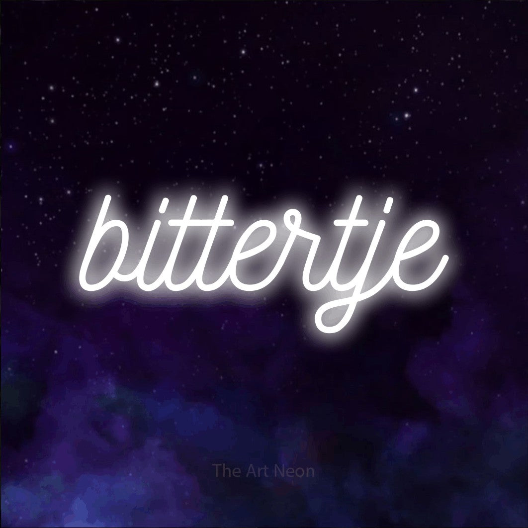 LED neon sign reading “bittertje”, arranged in a single line.