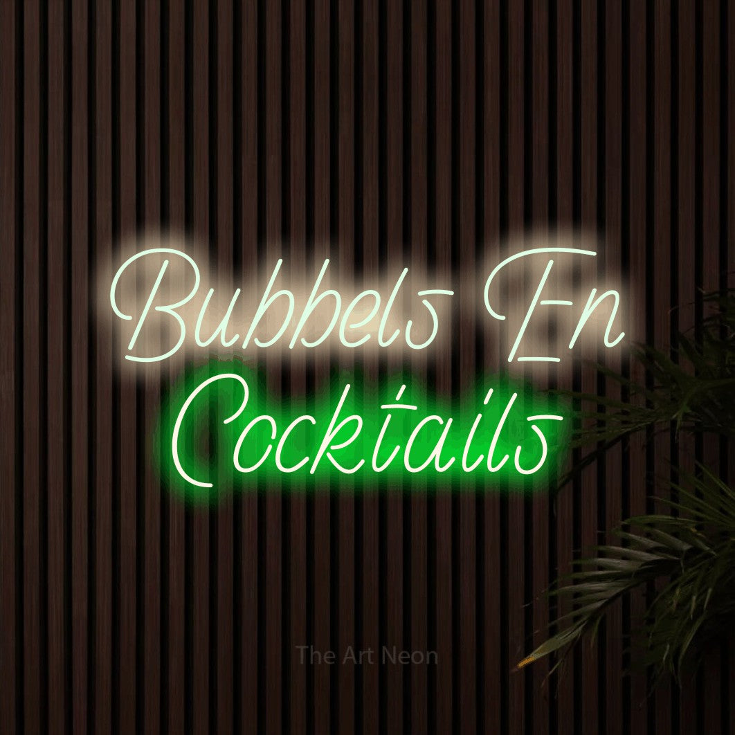 LED neon sign reading “Bubbels En Cocktails”, arranged in 2 lines.