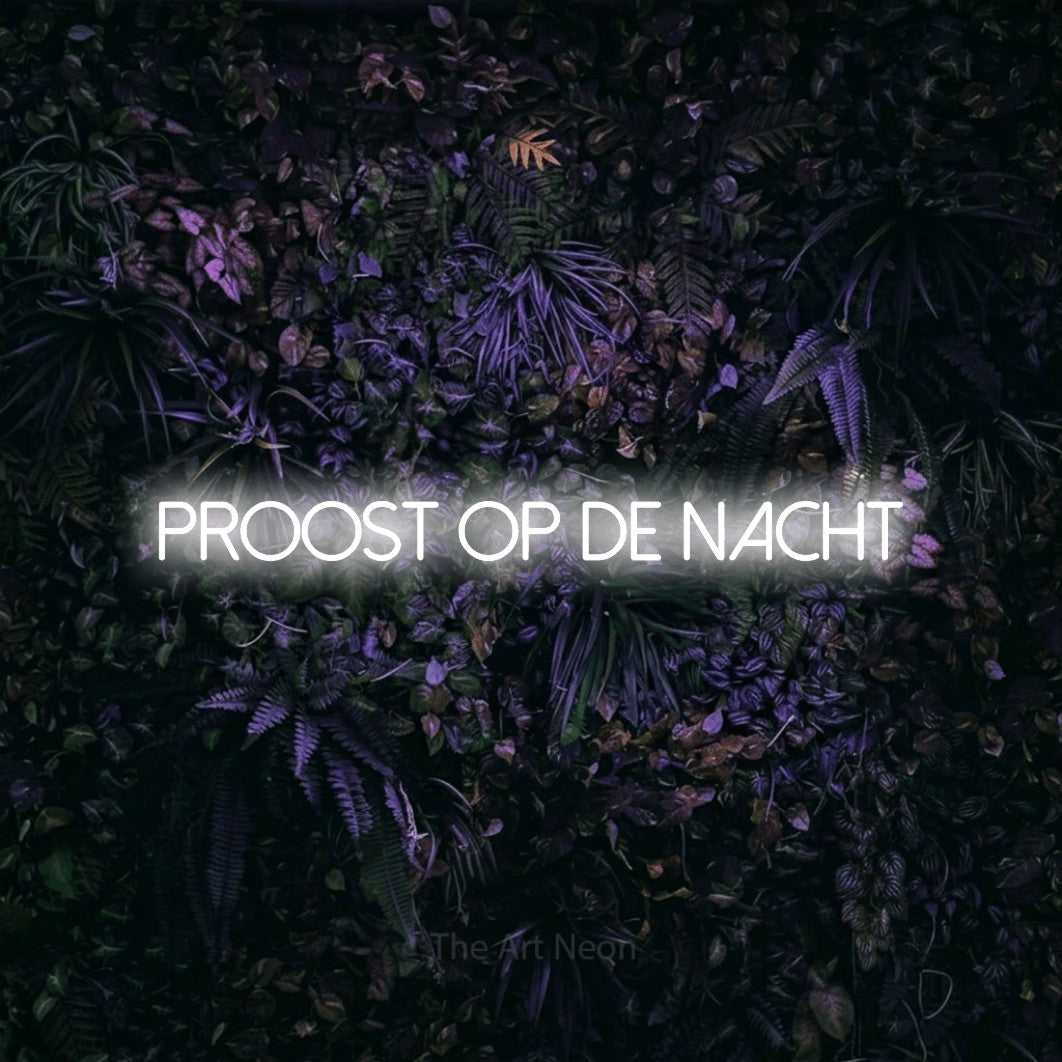 LED neon sign reading “proost op de nacht”, arranged in a single line.