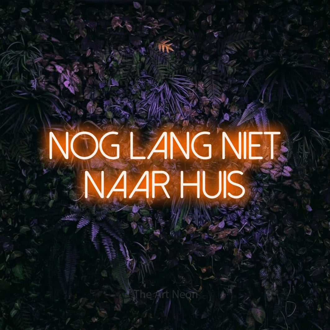 LED neon sign reading “nog lang niet naar huis”, arranged in 2 lines.
