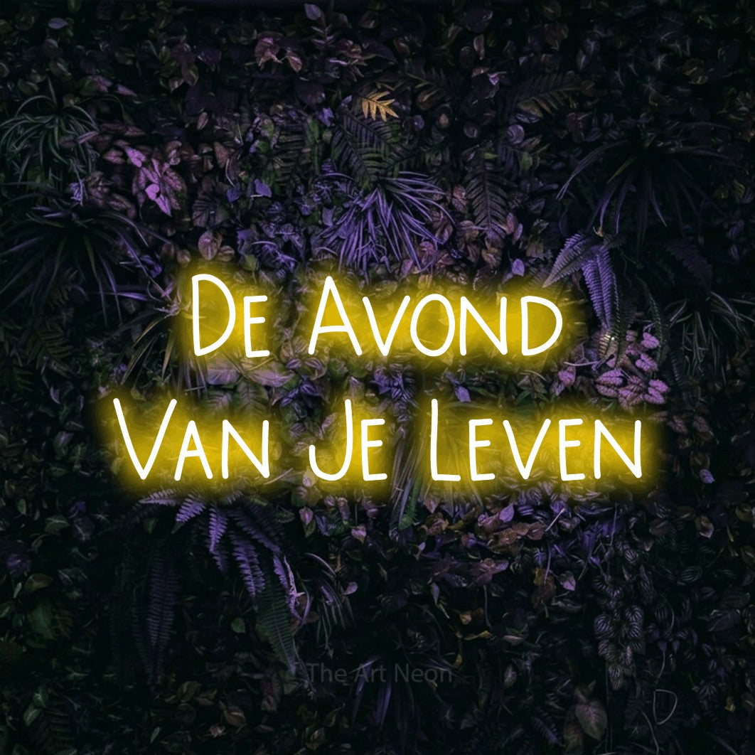 LED neon sign reading “De Avond Van Je Leven”, arranged in 2 lines.