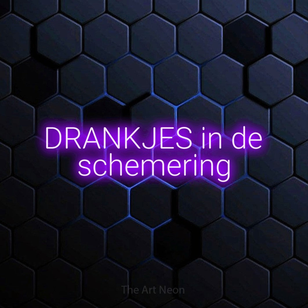 LED neon sign reading “DRANKJES in de schemering”, arranged in 2 lines.