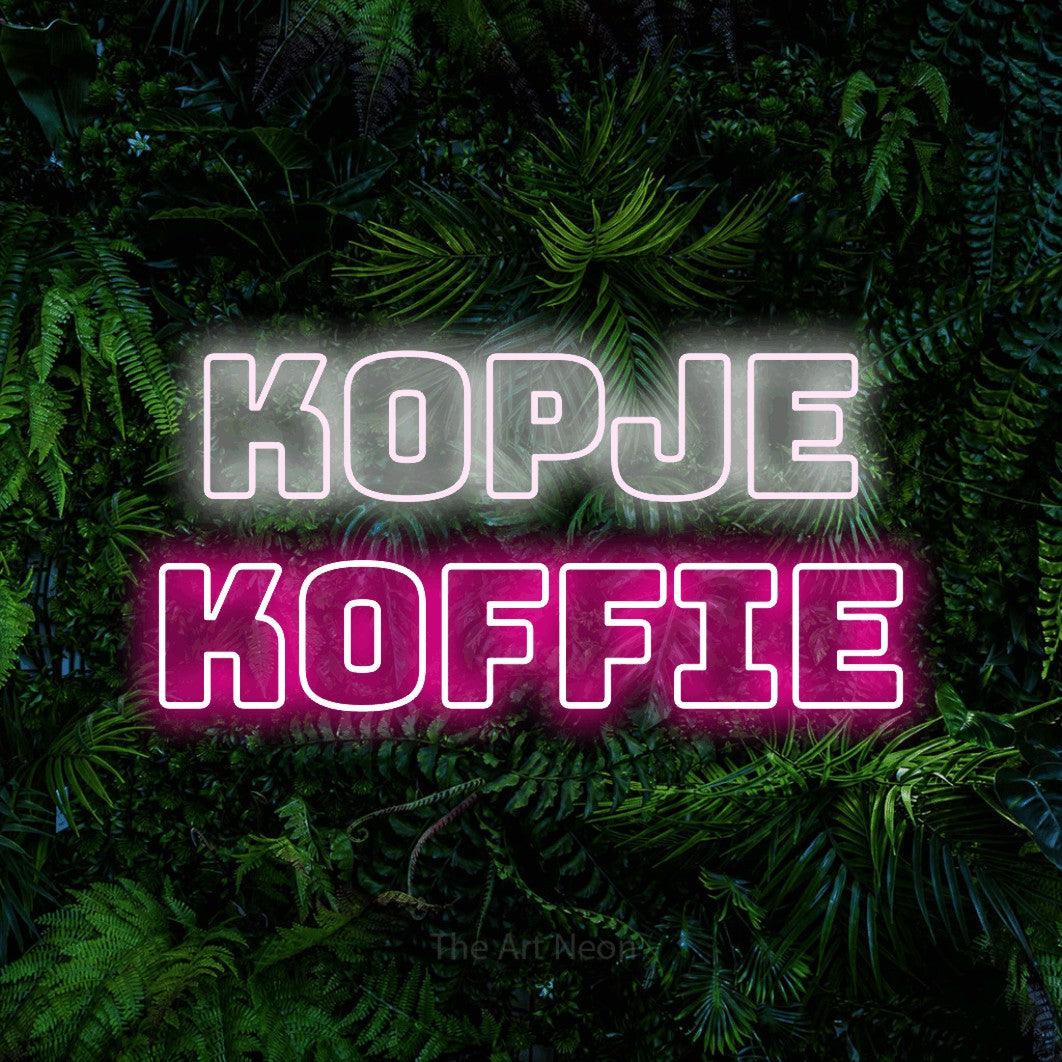 LED neon sign reading “Kopje Koffie”, arranged in 2 lines.