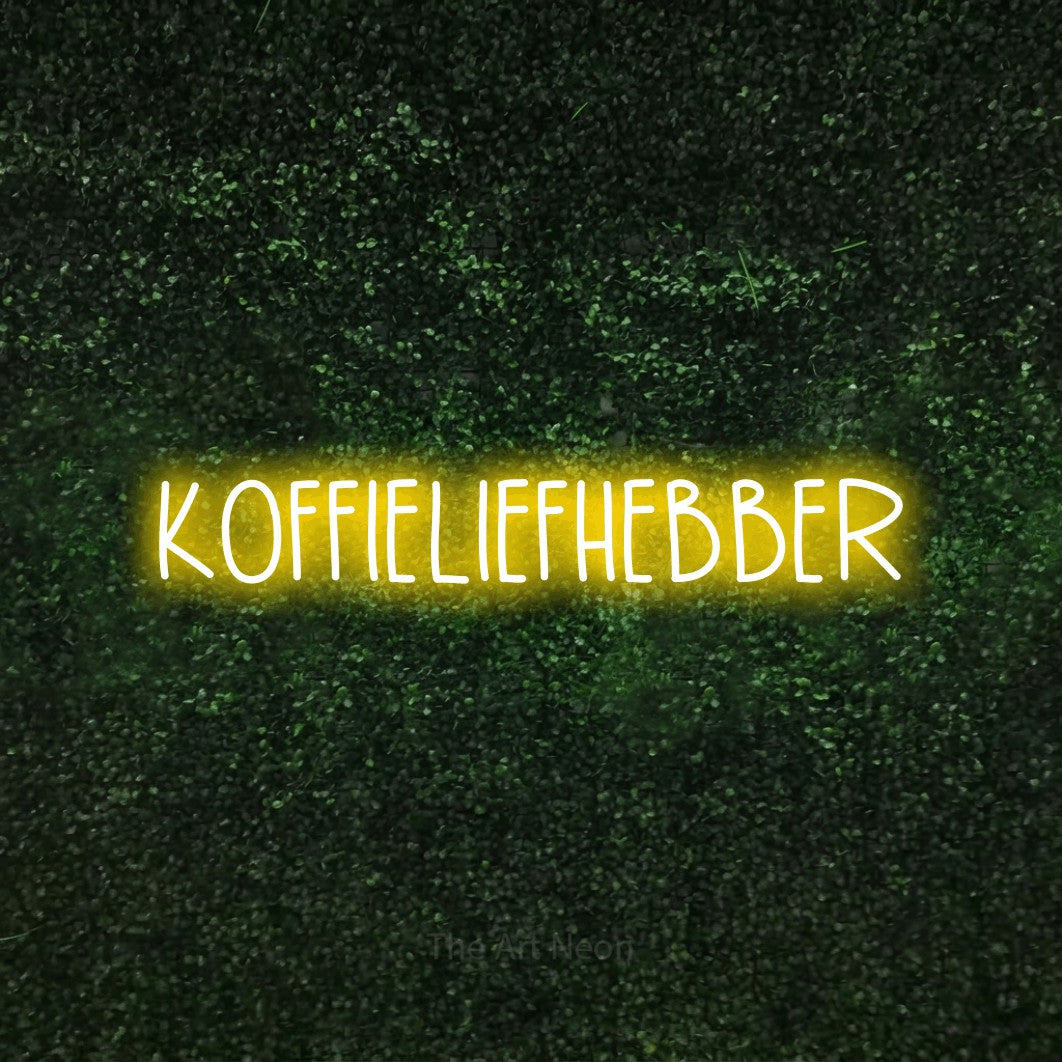 LED neon sign reading “KOFFIELIEFHEBBER”, arranged in a single line.