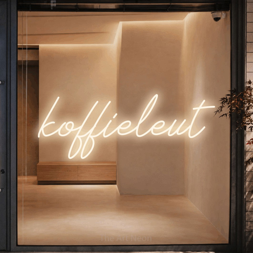 LED neon sign reading “koffieleut”, arranged in a single line.