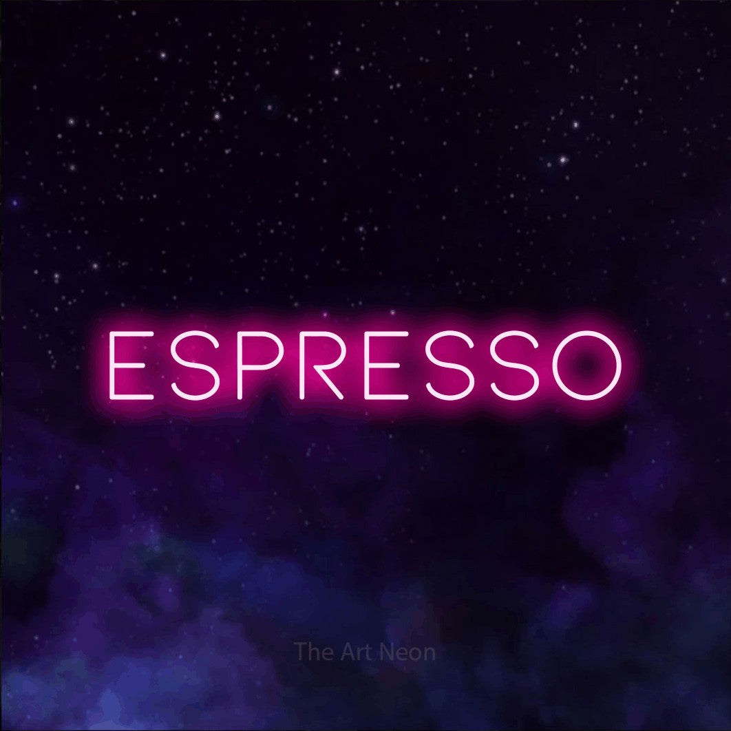 LED neon sign reading “ESPRESSO”, arranged in a single line.