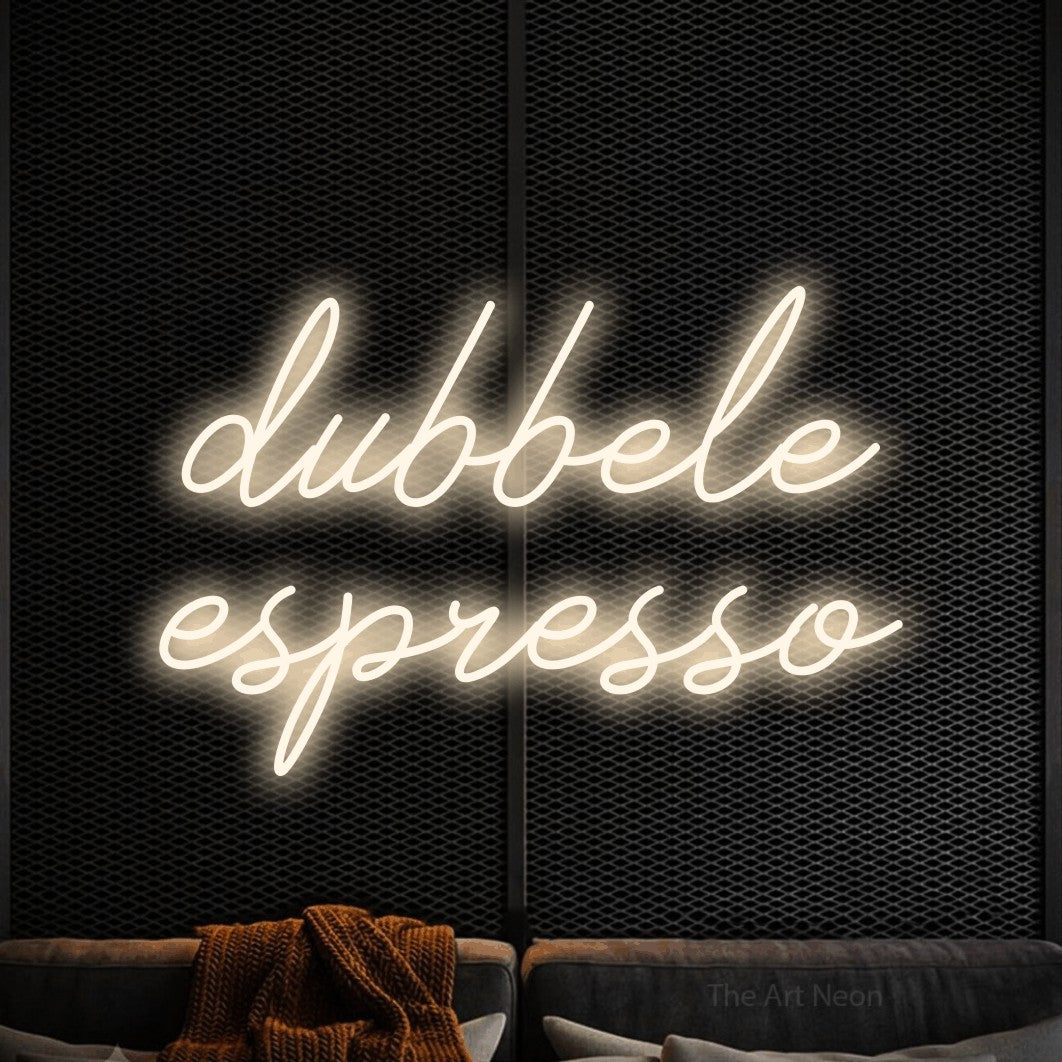 LED neon sign reading “dubbele espresso”, arranged in 2 lines.