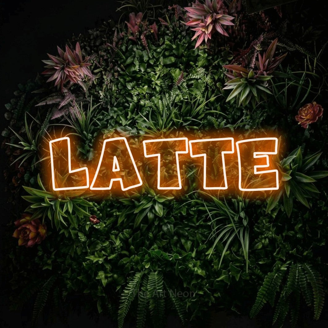 LED neon sign reading “LATTE”, arranged in a single line.