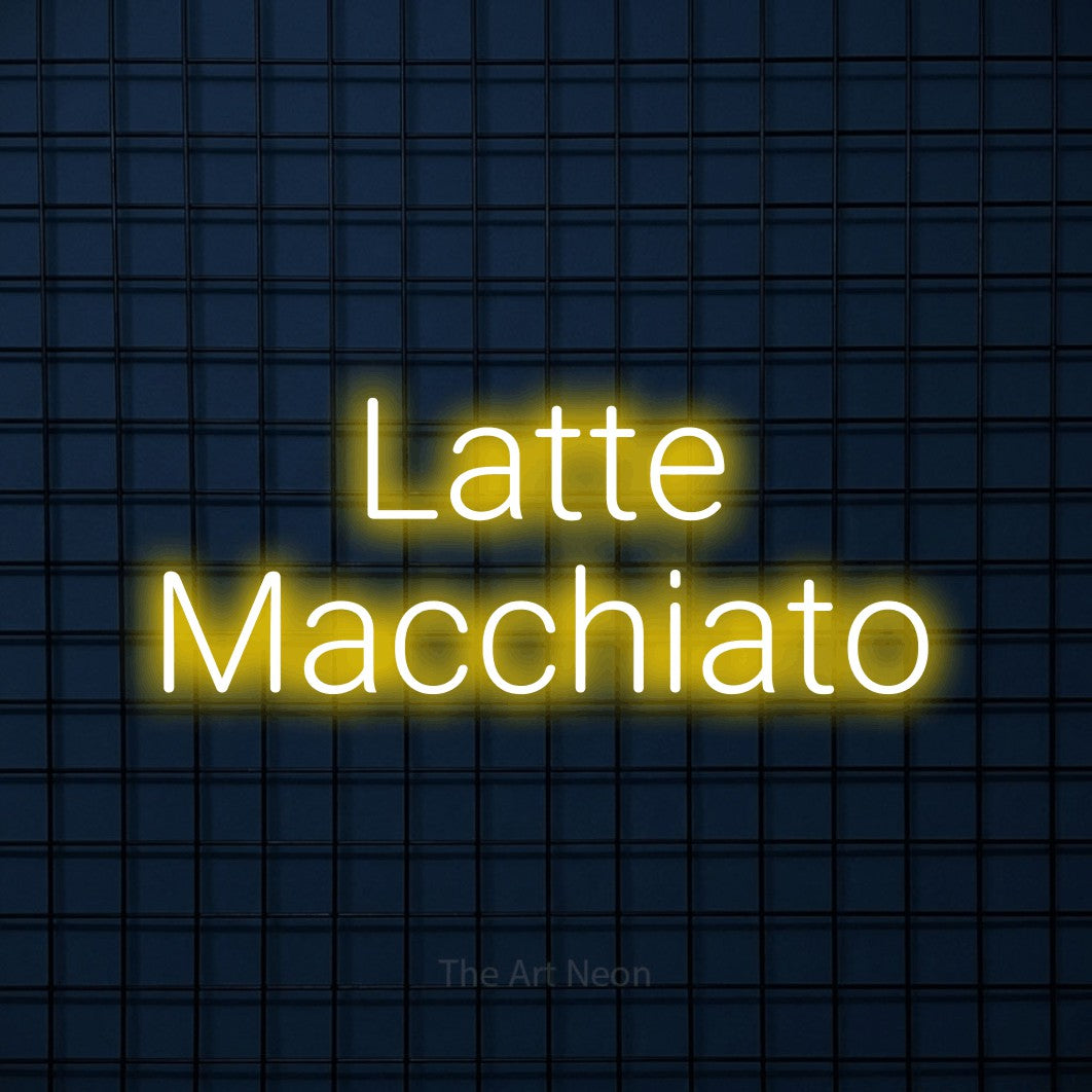 LED neon sign reading “Latte Macchiato”, arranged in 2 lines.