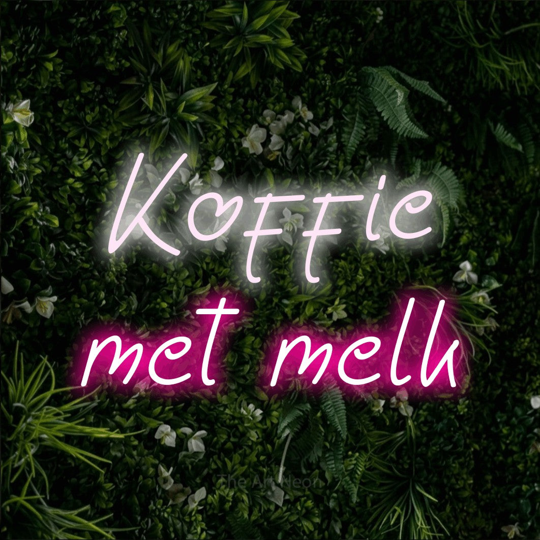 LED neon sign reading “Koffie met melk”, arranged in 2 lines.