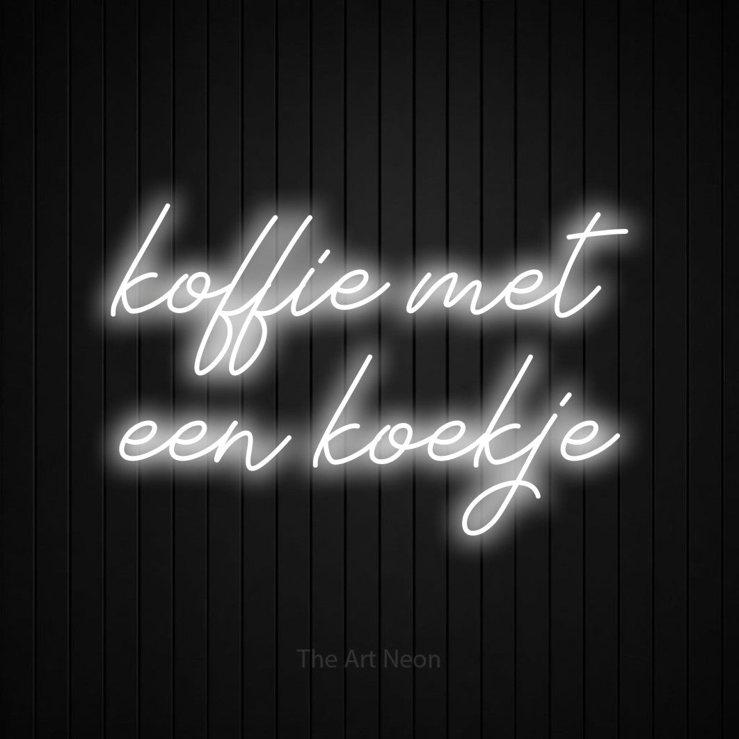 LED neon sign reading “koffie met een koekje”, arranged in 2 lines.