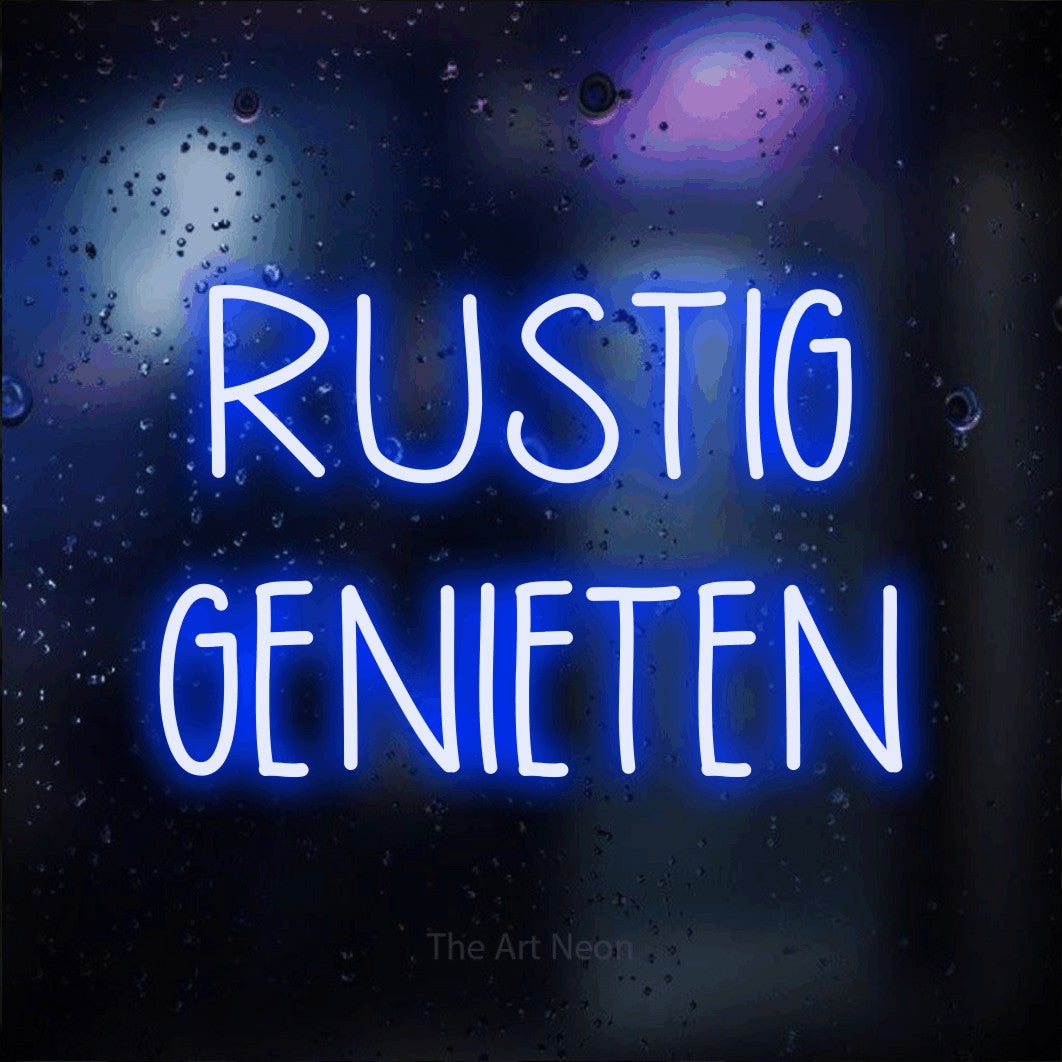 LED neon sign reading “RUSTIG GENIETEN”, arranged in 2 lines.