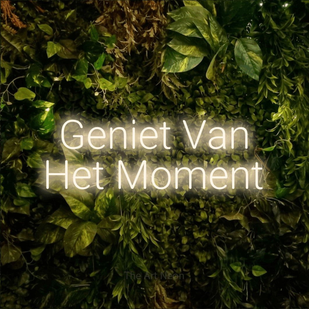 LED neon sign reading “Geniet Van Het Moment”, arranged in 2 lines.