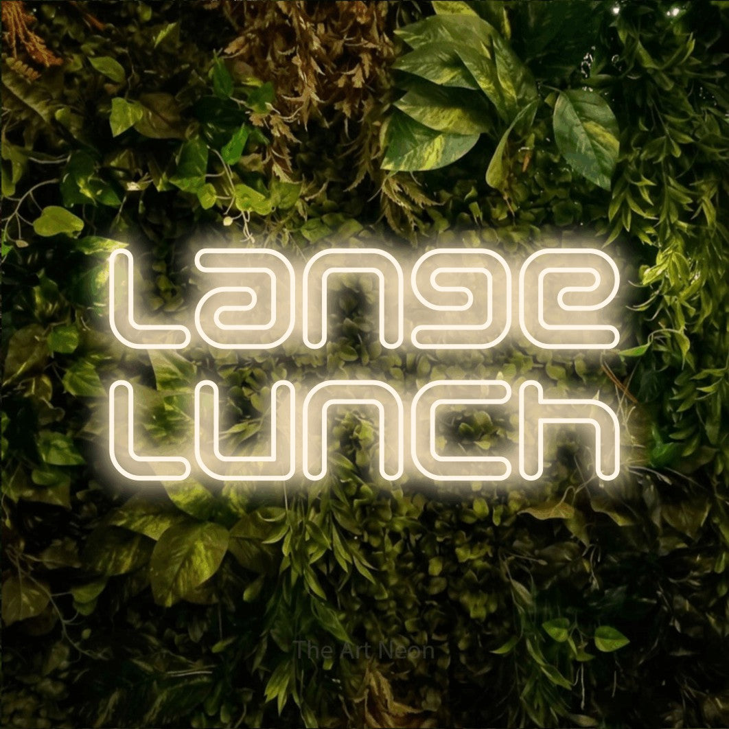 LED neon sign reading “Lange Lunch”, arranged in 2 lines.