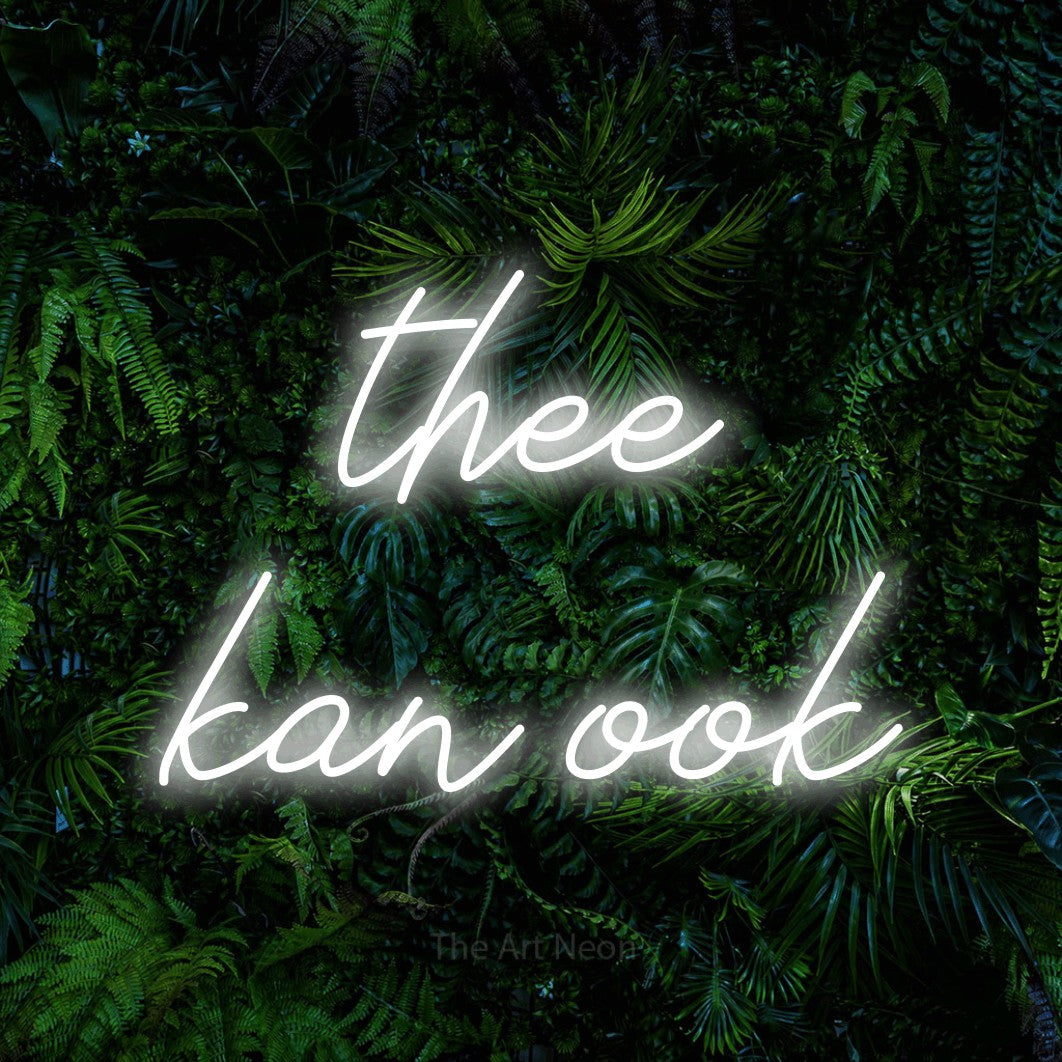 LED neon sign reading “thee kan ook”, arranged in 2 lines.