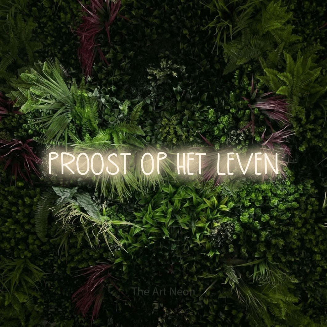 LED neon sign reading “PROOST OP HET LEVEN”, arranged in a single line.