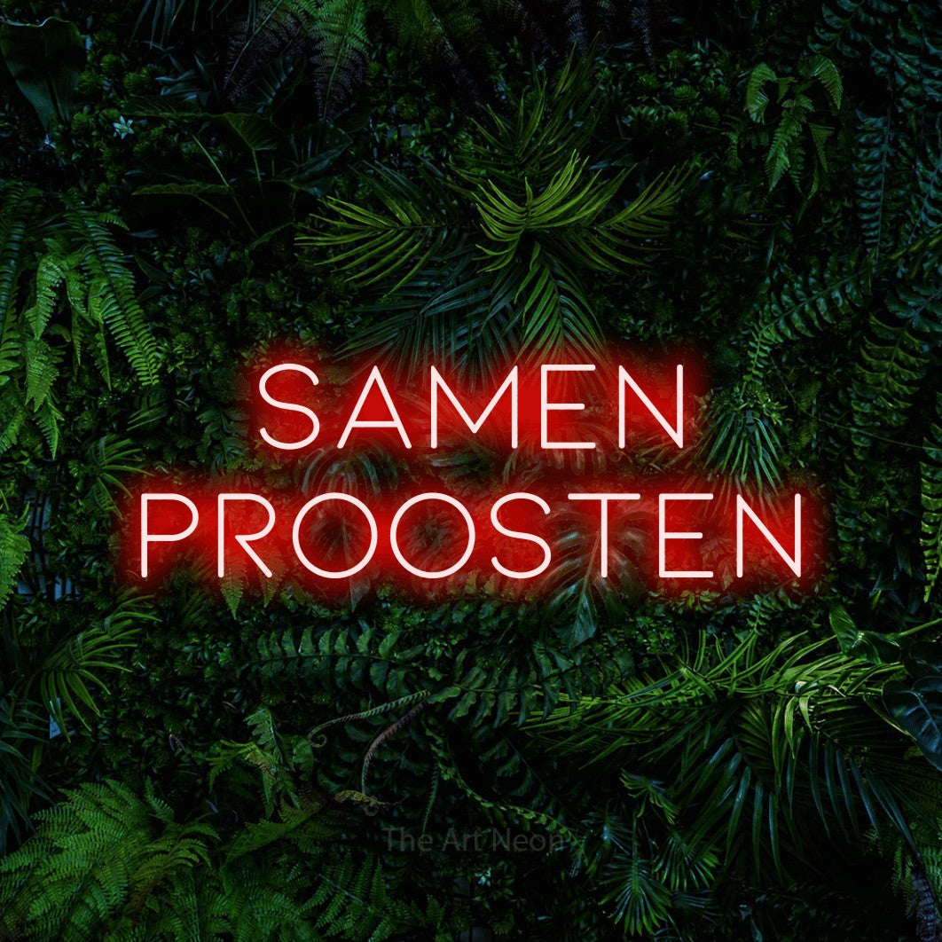 LED neon sign reading “Samen Proosten”, arranged in 2 lines.