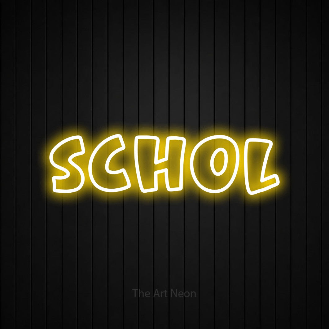 LED neon sign reading “SCHOL”, arranged in a single line.