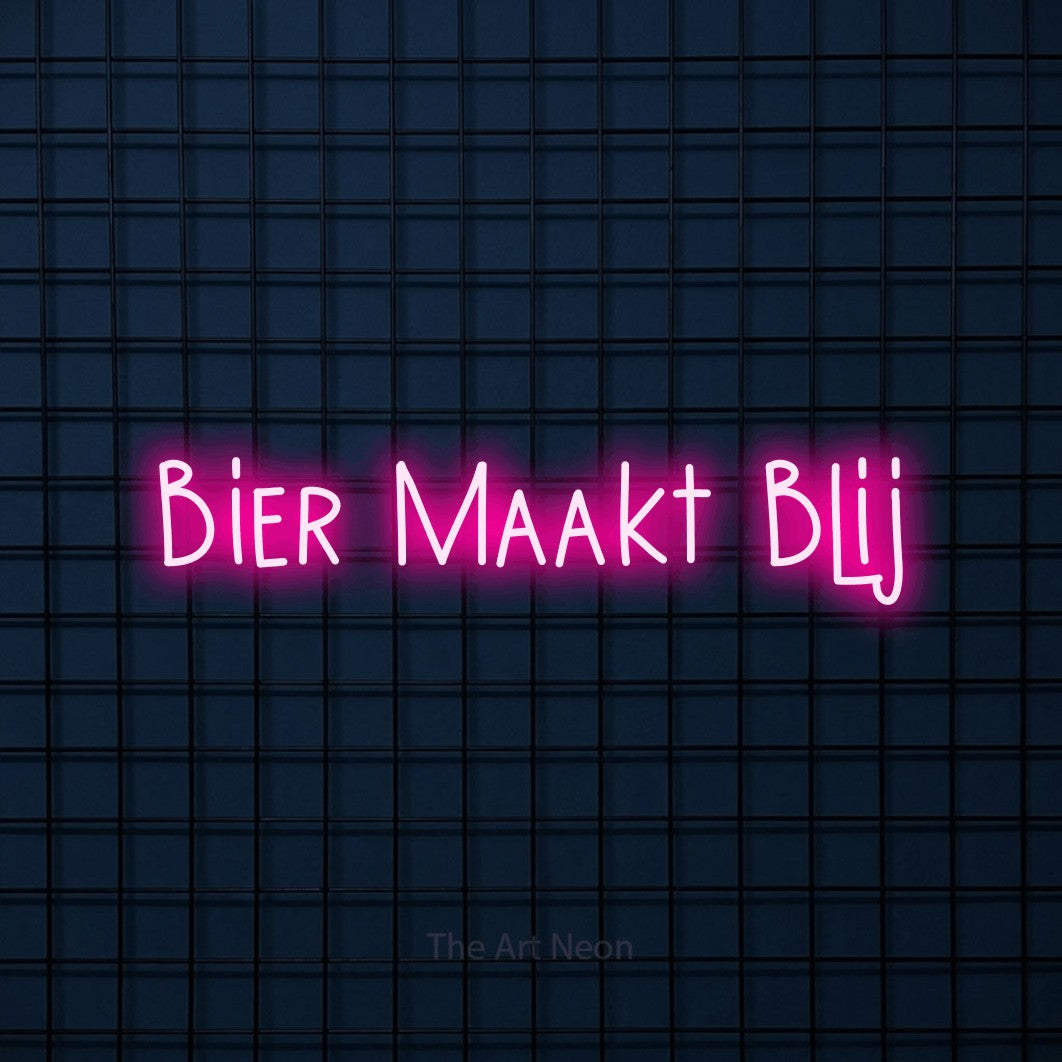 LED neon sign reading “Bier Maakt Blij”, arranged in a single line.