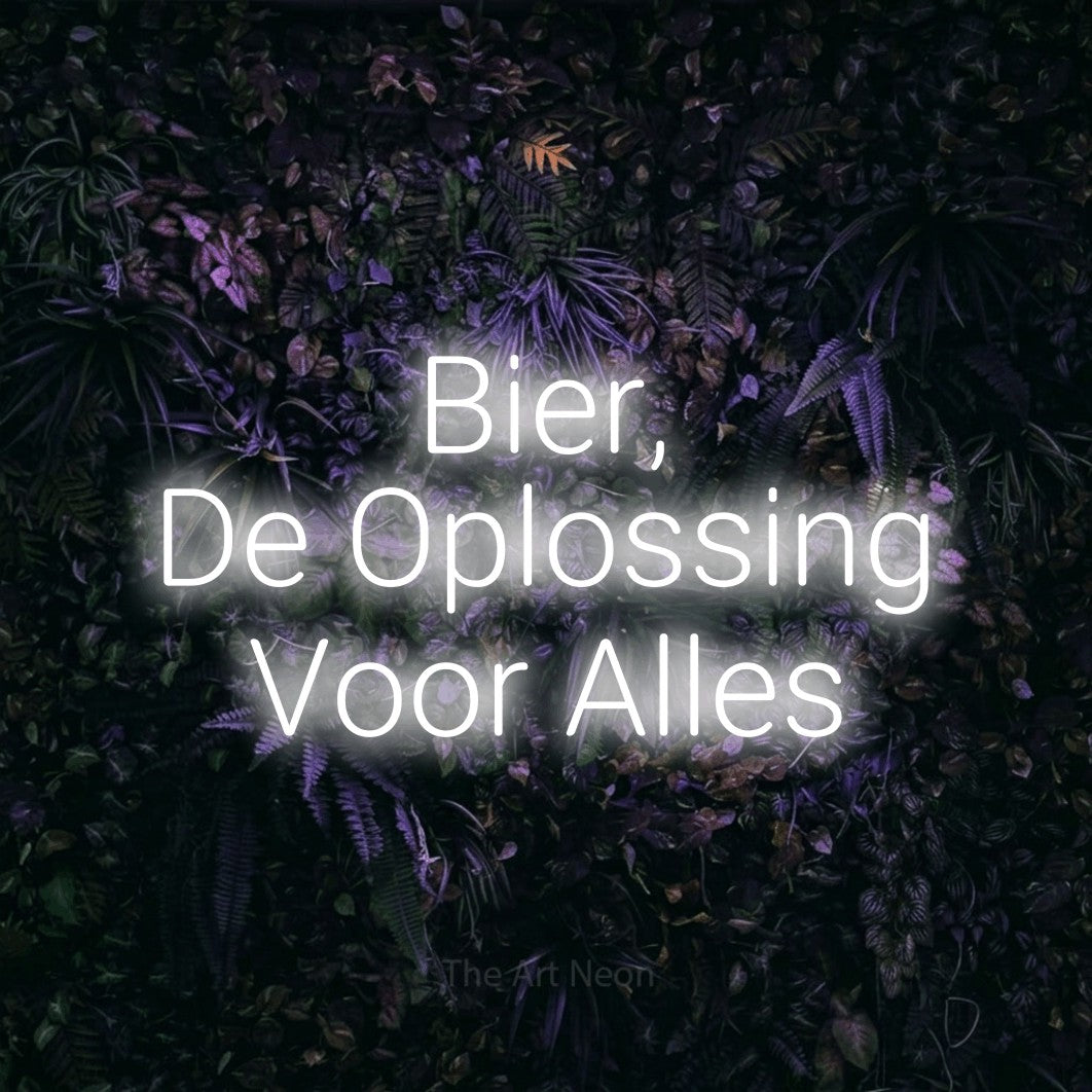 LED neon sign reading “Bier, De Oplossing Voor Alles”, arranged in 3 lines.