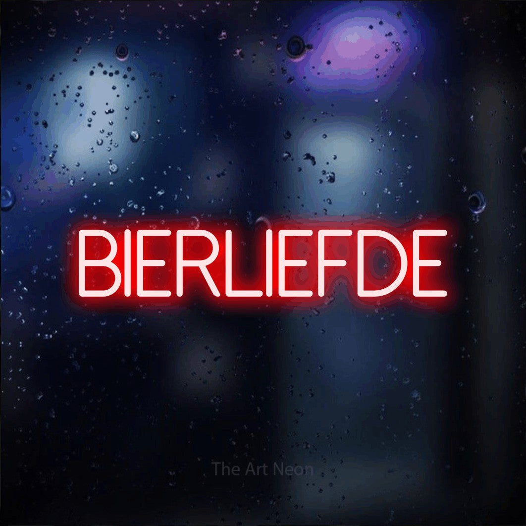 LED neon sign reading “Bierliefde”, arranged in a single line.