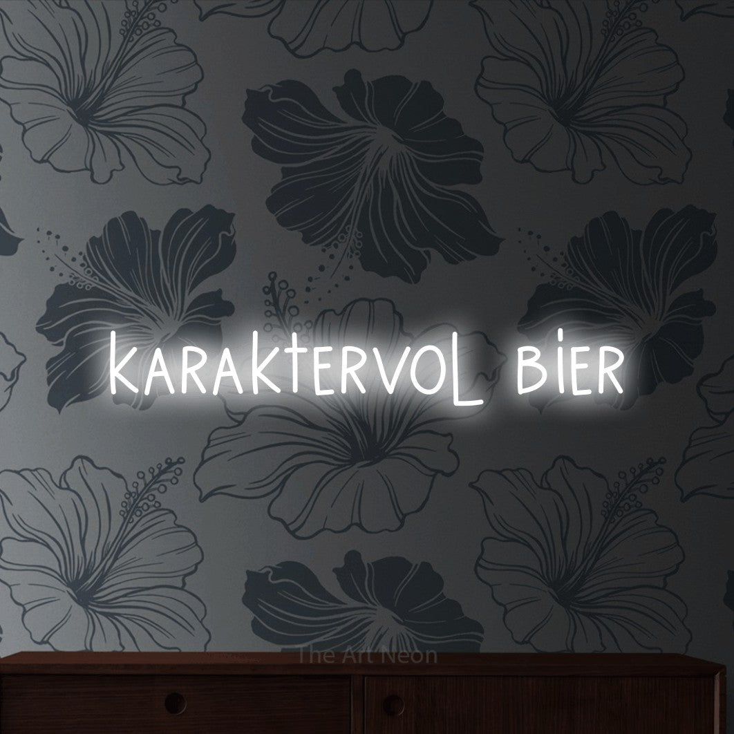LED neon sign reading “karaktervol bier”, arranged in a single line.
