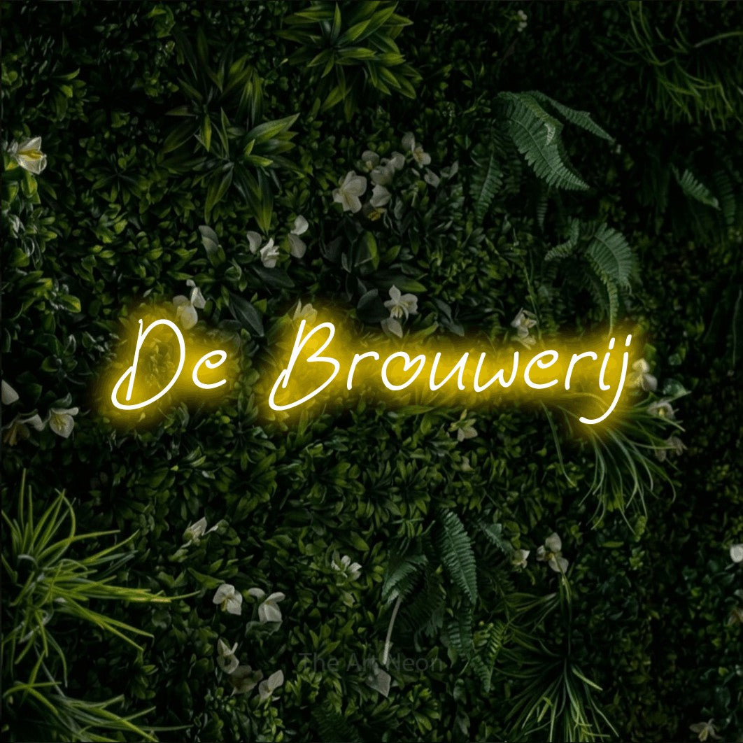 LED neon sign reading “De Brouwerij”, arranged in a single line.