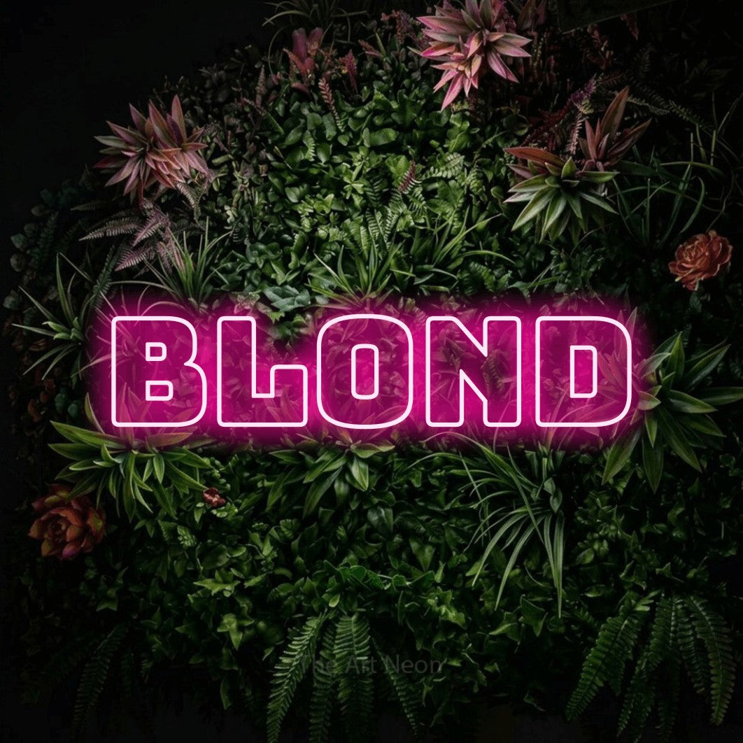 LED neon sign reading “blond”, arranged in a single line.